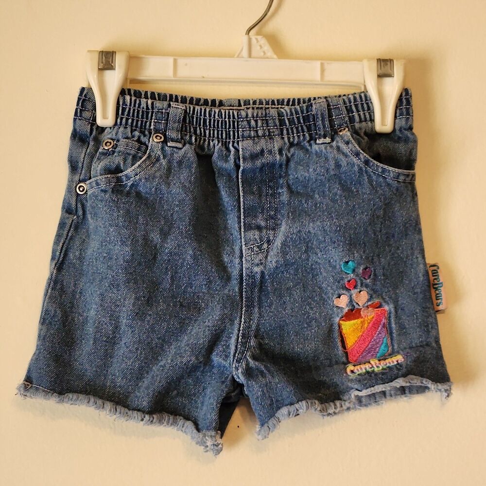 Vintage CareBears Size 4 Jean Shorts Embroidered Rainbow Hearts Youth 80-90s/Y2K